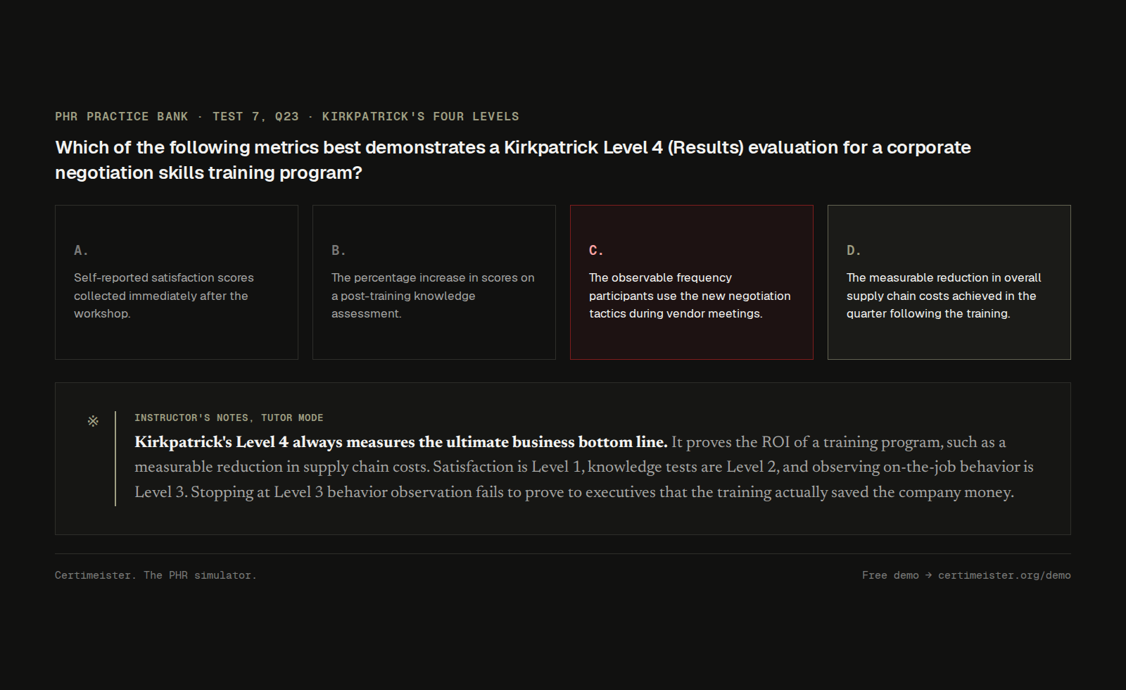 Certimeister Tutor Mode Test 7 Q23 Kirkpatrick Level 4 supply chain costs